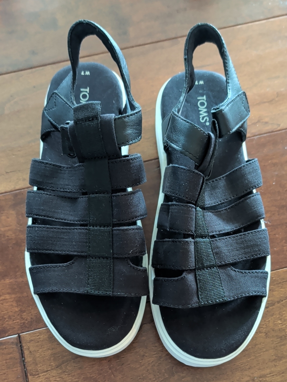 Toms Black Strappy Sandals with White Sole In Size 7